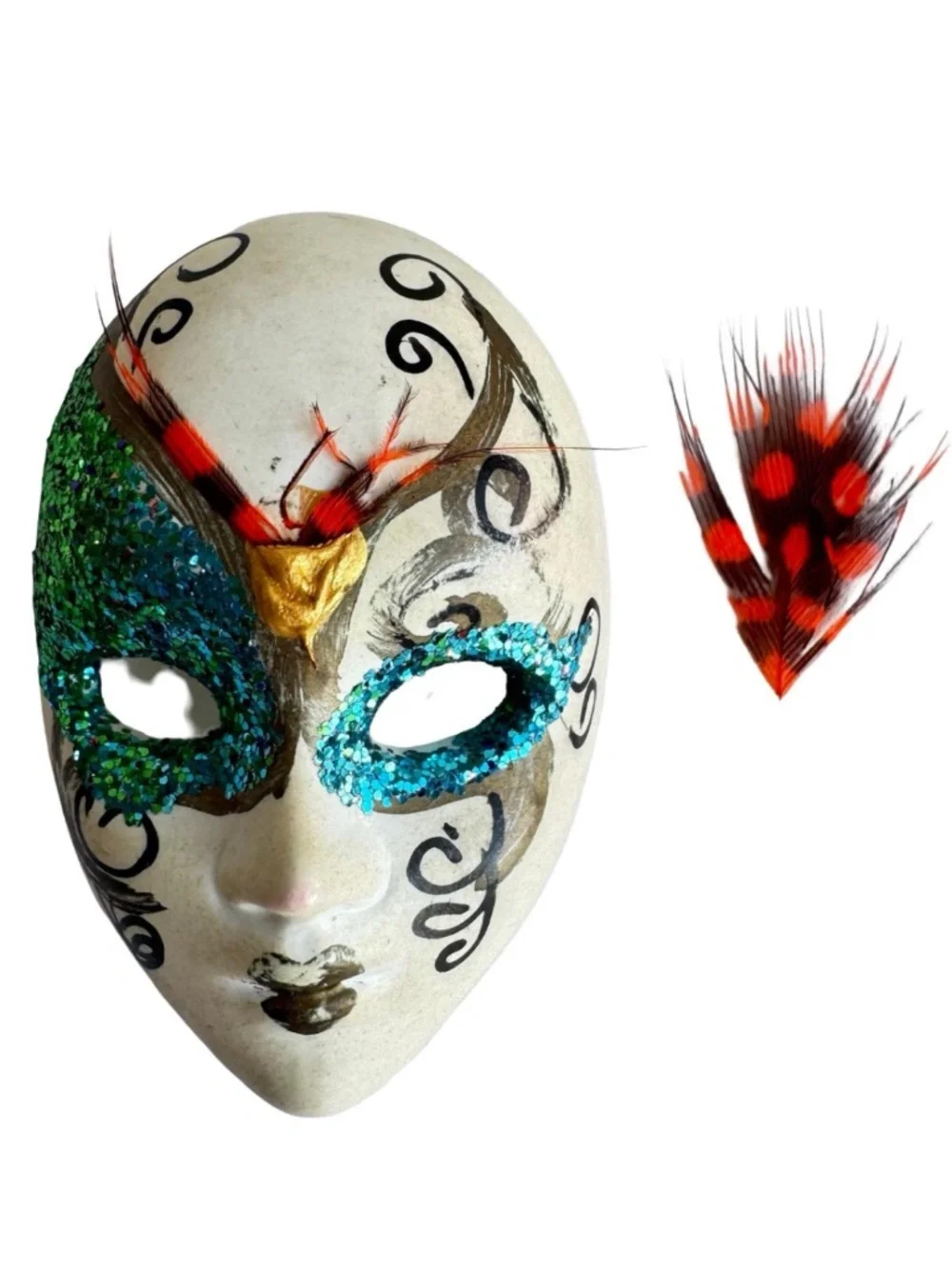 Vtg Venetian Style Masquerade Mask Brooch Pin Mardi Gras Carnival Glitter Boxed